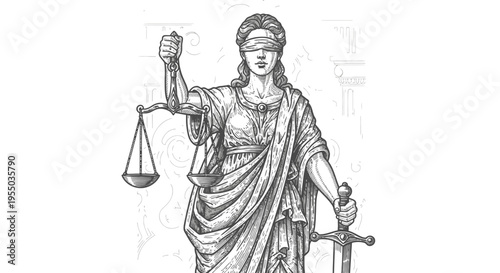Detailed Lady Justice blindfolded holding scales and sword, classical legal symbol illustration in bright studio.