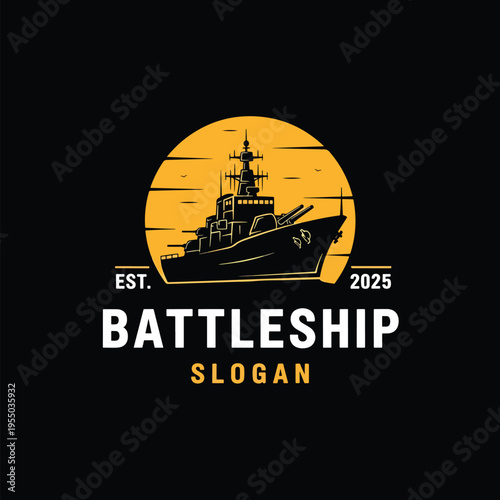 Vintage Naval Combat Vessel Silhouette Against Golden Sunset Vector Illustration