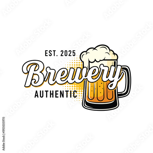 Authentic Craft Brewery Emblem with Vintage Foamy Beer Mug Vector Illustration