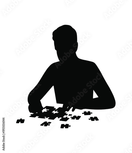 Silhouette of a person assembling a jigsaw puzzle black vector illustration EPS PNG file