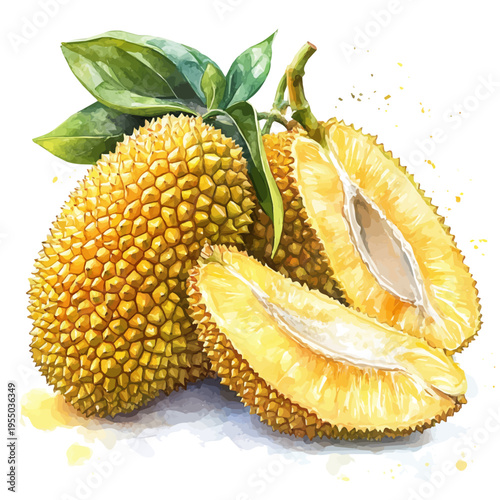 Jackfruit, refined watercolor illustration with luminous tones and soft layered brushwork, isolated on a white background.