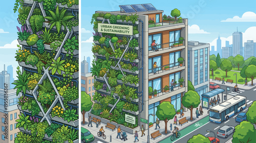 Sustainable urban building with vertical garden, solar panels, and green city infrastructure vector illustration
