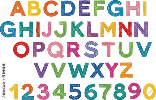 Brightly colored alphabet letters and numbers displayed in a textured, playful style against a stark white background for early.