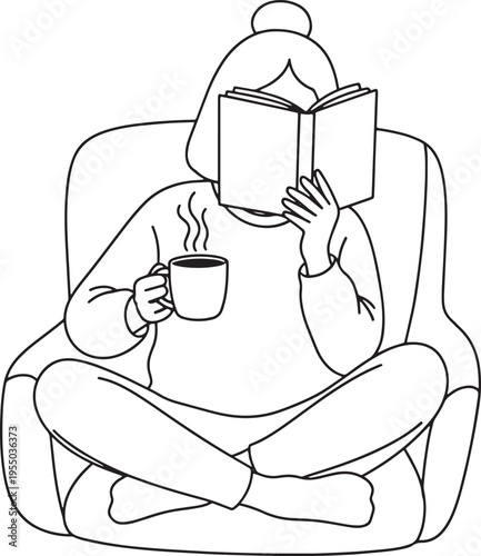Woman sitting in cozy armchair reading a book while holding hot coffee mug in hand drawn vector illustration