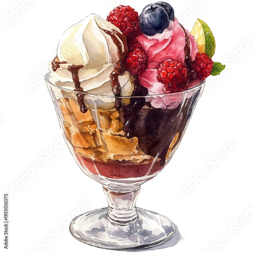 Ice Cream Sundae, refined watercolor illustration with luminous tones and soft layered brushwork, isolated on a white background.