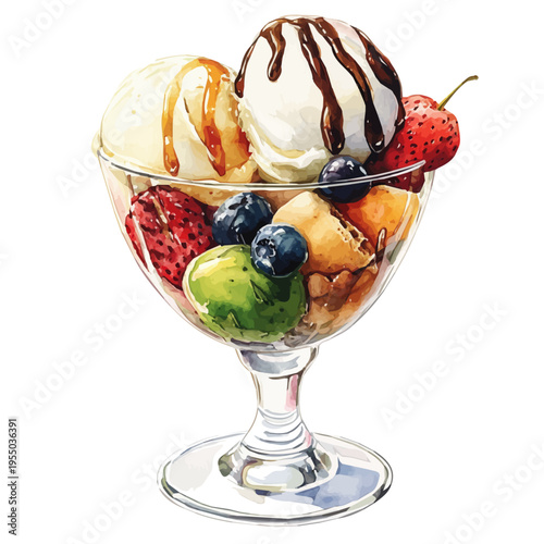 Ice Cream Sundae, watercolor with intricate brush textures and gentle highlights, isolated on a white background.