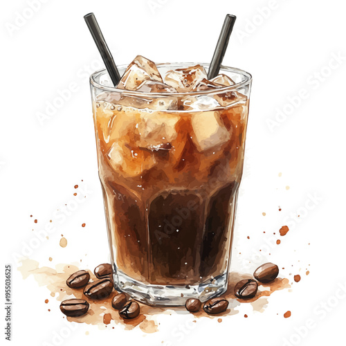 Iced Coffee, refined watercolor illustration with luminous tones and soft layered brushwork, isolated on a white background.