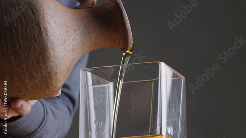 Pouring golden olive oil from rustic clay jug into glass container