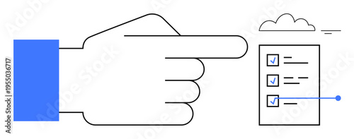 Task management. A hand points to a checklist with cloud integration, highlighting task organization, workflow automation, and productivity. Task management for teams, apps, systems, remote work