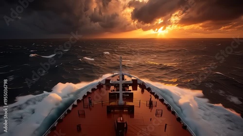 Crude oil tanker moving through Strait of Hormuz energy route with waves splashing against hull under dramatic sunset sky