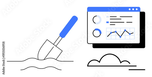 Data mining, business analytics, statistical insights, digital tools, graph visualization, research. Shovel in soil with graphical dashboard showing analytics. Data mining and business analytics