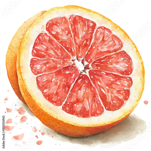 Grapefruit, illustration watercolor with dynamic strokes and balanced color harmony, isolated on a white background.