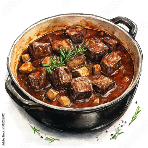 Goulash, refined watercolor illustration with luminous tones and soft layered brushwork, isolated on a white background.
