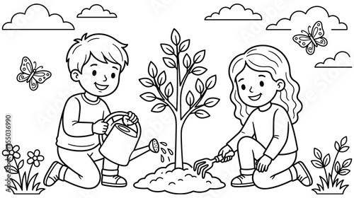 Children planting tree with watering can and rake outline