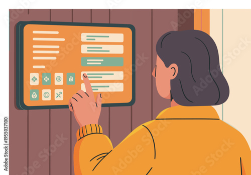 A young adult woman interacts with a beta interface on a tablet, showcasing a modern digital experience. Clean design, bright colors, and intuitive touch controls.