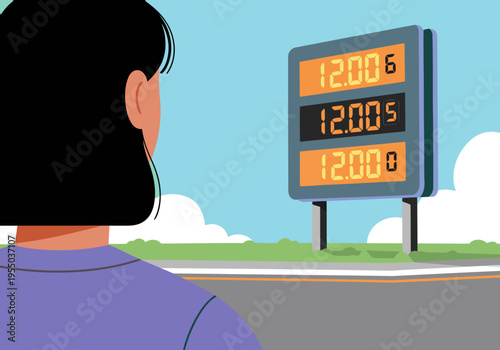 A young Asian woman observes a gas price sign displaying high costs. The composition highlights the financial impact with a modern urban setting.  Dramatic lighting and a focused perspective.