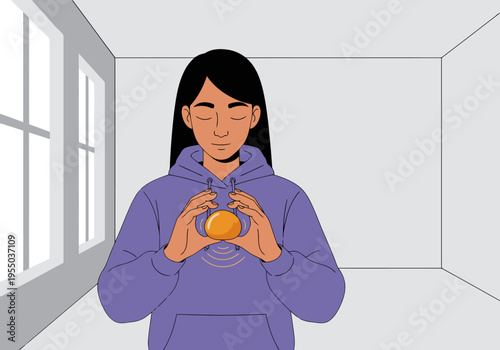 A young Asian woman practices mindfulness, holding a haptic pebble. She?s relaxed in a minimalist room, embodying calm and focus. Modern illustration style.