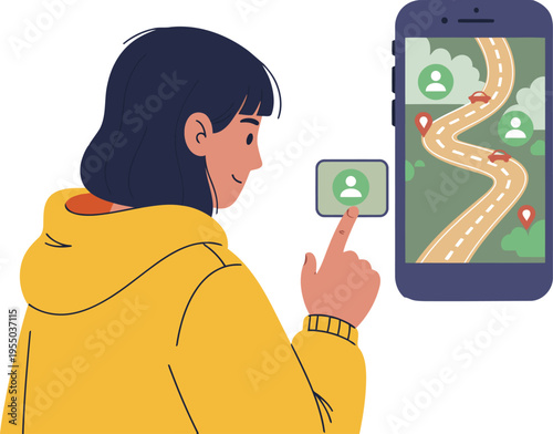 A young Asian woman uses a smartphone to plan a student carpool, showcasing cost-sharing features on a map. Modern, friendly illustration.