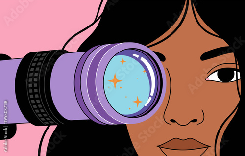 A young Black woman peers through a purple telescope, revealing a starry sky.  A vibrant, modern illustration promoting STEM and diversity.  Great for education and technology themes.
