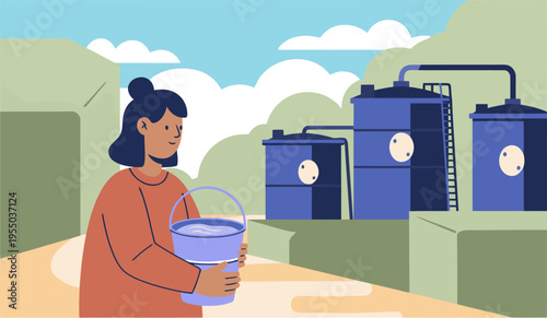 A woman carries a bucket of water towards industrial water tanks, illustrating water access conflict.  A rural scene with a stark contrast between human need and industrial infrastructure.