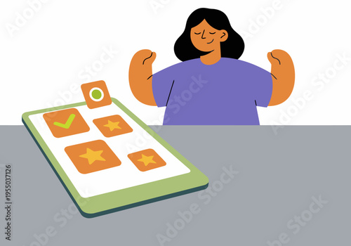 A young woman celebrates digital meditation success with a smartphone, showcasing a clear path to achievement. Modern, vibrant illustration.