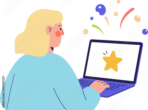 A woman celebrates beta success on her laptop