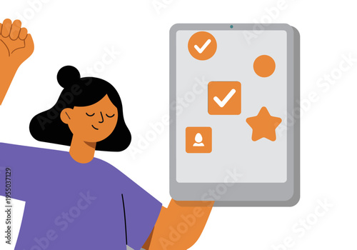 A woman celebrates meditation success on a tablet, radiating calm and achievement. A vibrant, modern illustration showcasing mindful progress.