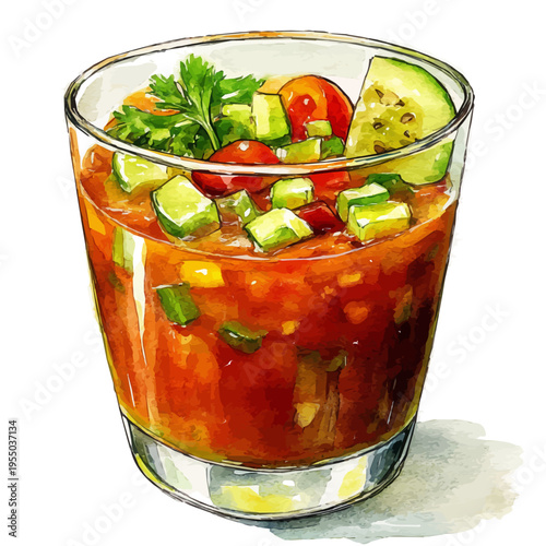 Gazpacho, refined watercolor illustration with luminous tones and soft layered brushwork, isolated on a white background.