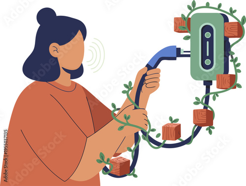 A woman charges an electric vehicle with thermal eco charging. A modern, sustainable scene with lush greenery. Clean, bright, and inviting.