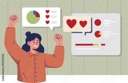 A woman celebrates success with data visualizations! Charts, speech bubbles, and raised fists convey positive results. Modern, vibrant illustration for business growth.