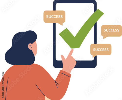A woman checks success on a tablet, symbolizing achievement. Modern illustration with a bright, positive vibe. Perfect for digital marketing and business concepts.