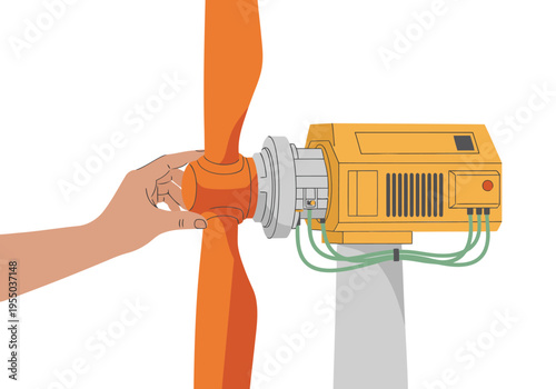 Close-up of a wind turbine model assembly. A hand adjusts a green blade connected to a yellow generator. Clean, modern illustration. Ideal for renewable energy concepts.