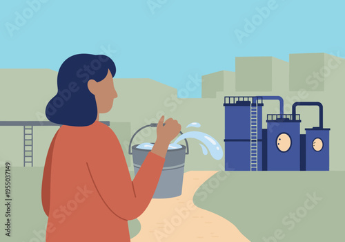 A woman collects water from a bucket, juxtaposed against an oil refinery. Illustrative style depicts a water access conflict.  Strong visual contrast.