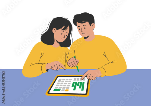A couple collaborates on a financial plan using a tablet. They are smiling and engaged, suggesting teamwork and financial planning. Modern illustration style.