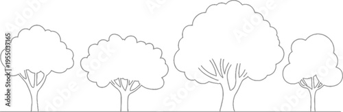 Four stylized trees with fluffy canopies and visible branches in a line nature plant plants