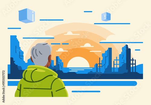 A contemplative man watches a ruined cityscape at dawn, symbolizing hope amidst energy ruins. A vibrant sunrise provides a contrasting backdrop. Modern, illustrative style.