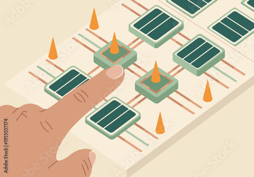 A detailed solar energy model illustration shows a finger interacting with a panel, highlighting clean energy technology. Modern, bright, and informative.