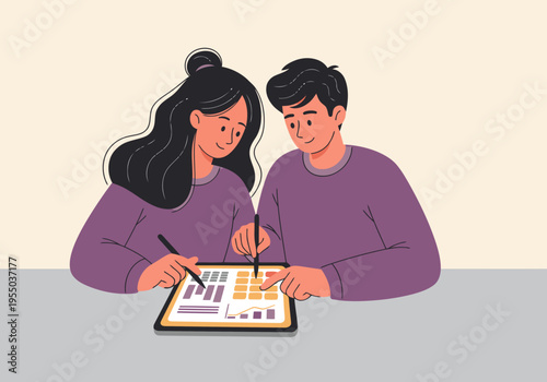 A couple collaborates on a financial plan using a tablet. They?re focused and smiling, illustrating teamwork and financial planning. Modern, bright, and inviting.