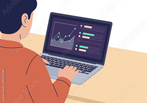 A developer analyzes beta test results on a laptop, showcasing data visualization. Focused on productivity and technology. Modern, professional setting.