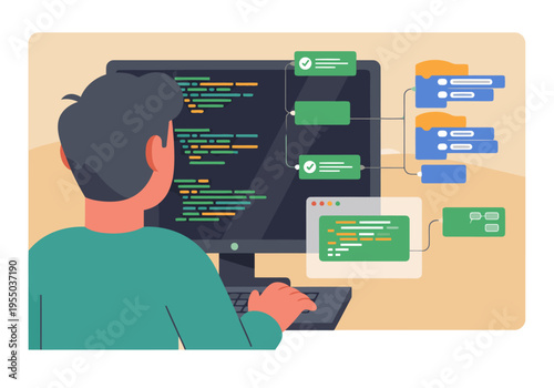 A young male developer codes on a screen displaying app code, showcasing a modern software development workflow. Focused composition, bright colors, and a professional setting.