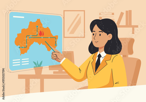 A diplomat points at an oil pipeline map on a screen, showcasing international negotiation. Professional setting, bright colors, and clear visual communication.