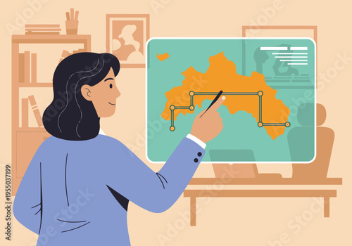 A diplomat analyzes an oil pipeline map on a large screen, highlighting a route. Professional setting, modern style, focused on international relations.