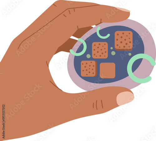 A hand holds a haptic pebble with a pattern of crackers.  Clean, modern illustration. Focus on texture and detail. Suitable for tech and design concepts.