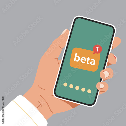 A hand holds a smartphone displaying a 'beta' logo. The image showcases a beta version update, presented in a modern, illustrative style. Suitable for tech and software marketing.
