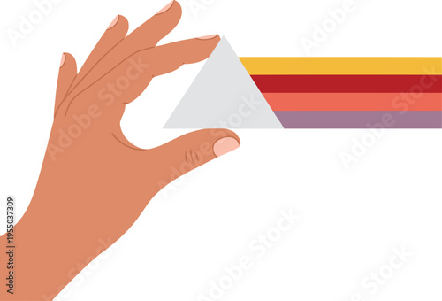 A hand holds a prism, refracting light into a spectrum. Illustrative light spectrum physics concept. Clean, modern design.