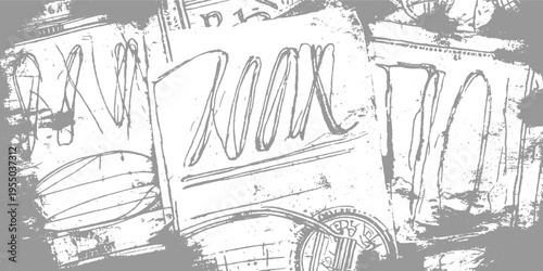 Grayscale of handwritten notes and doodles on paper with textured edges scribbles