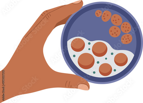 A hand holds a petri dish showcasing bacterial growth. The image highlights scientific observation with a clear, modern style. Suitable for educational or health-related visuals.