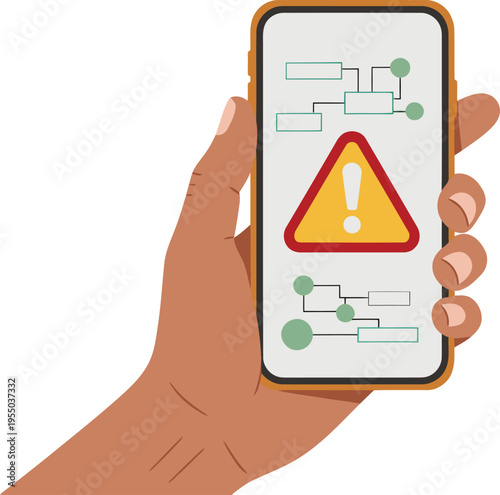 A hand holds a smartphone displaying an outage alert notification with a map and warning symbol. Illustrative style, digital communication, modern technology. Suitable for business and tech concepts.
