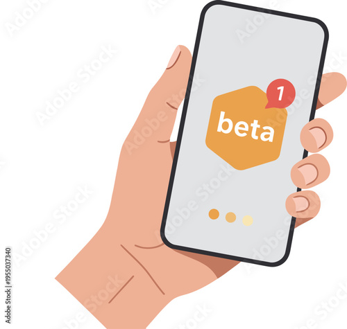 A hand holds a smartphone displaying a beta version logo. The image features a modern, stylized design with a soft color palette, ideal for tech and app marketing.