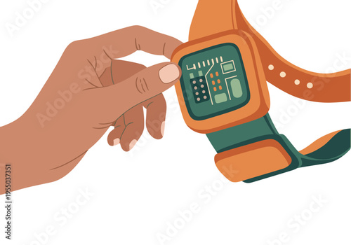 A hand interacts with a modern smart watch display. Detailed hardware illustration. Clean, bright, and professional design. Suitable for tech and wearable product visuals.